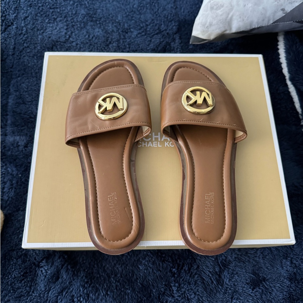 Michael Kors Brown Leather Slide Sandals with Gold Emblem
